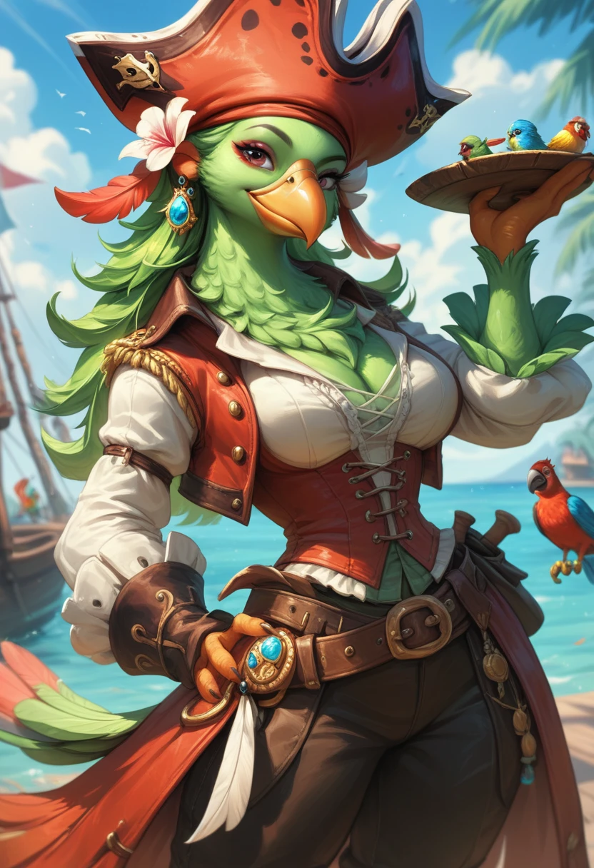 kftenhance, safe_pos, score_9, score_8_up, score_7_up, score_6_up, Parrot Girl, Parrot head, Breasts, Smiling Beak, Multicolored Feathery Skin, Furry Bird Pirate, Holding Cutlass 