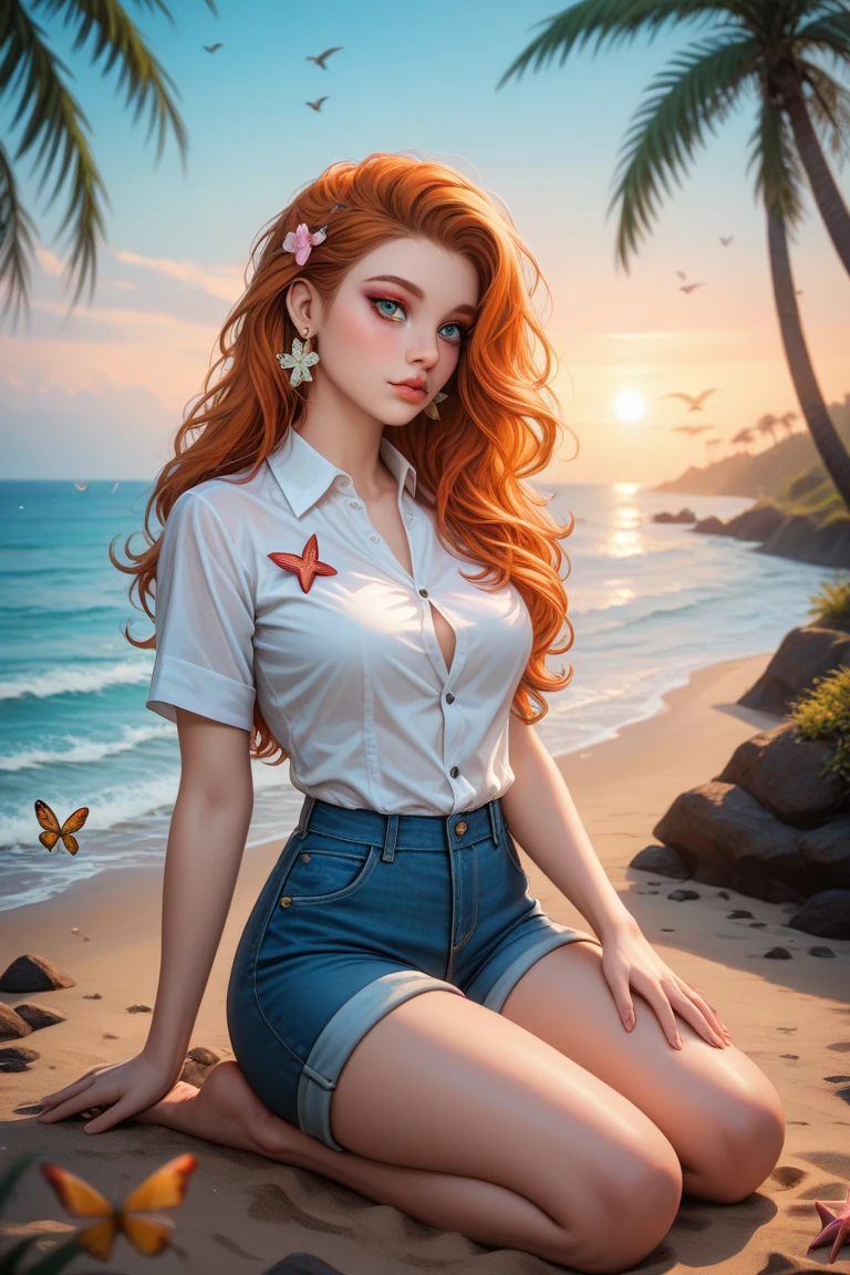 Create an ultra-high resolution image with photorealistic details, 8K quality, sharp focus, and impeccable lighting. Utilize advanced rendering techniques, ray tracing, and global illumination for maximum realism. Depict a beautiful woman with petite, natural, soft curves, graceful, rounded hips, and small, gentle breasts. She has very long, flowing ginger hair that complements her pale skin with a cool undertone. Her features include striking emerald eyes, warm terracotta lips, earthy taupe eyeshadow, and a touch of muted peach blush. She gazes with a curious yet cautious expression, reflecting her thoughtful and introspective nature. A light-colored Anemone flower is tucked in her hair, and she wears small emerald earrings. She’s dressed in a loose, white button-down shirt that appears torn and weathered, paired with khaki shorts that share the same rugged texture. She’s barefoot, sitting cross-legged with one hand resting gently on her knee. The setting is a deserted tropical island, framed by tall palm trees and a peaceful, foggy beach at dusk. Birds fly across the dimming sky, butterflies flutter in the background, and shells and starfish are scattered on the sand. Soft, warm sunset light creates a romantic ambiance, with subtle reflections off the water and a foggy background that adds depth. Diffused light highlights her gentle, feminine curves, capturing her allure in a natural and unassuming way. Camera focus on her upper body, with a 35mm lens, bokeh effect, and Depth of Field.