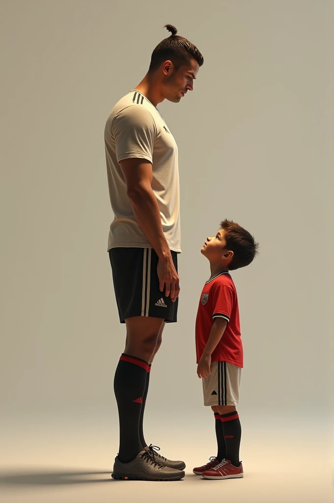A footballer boy with his idol Ronaldo. Ronaldo’s with shirt logo: Manchester United. Face to face