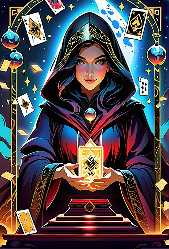 fortune teller，Metal Photo Frame，card，tarot cards：1.37.マントを着た謎のfortune teller，eldenger taps an array of tarot cards in the air，Mystical symbols and elements，Ancient and mysterious atmosphere，Realistic illustration details，A composition full of vitality and energy，Dark Style，Gothic style