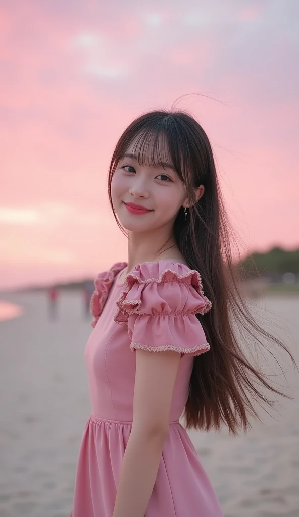 An image of 9:16 ratio of a girl with pretty frock and her long hair till her thighs at a beach with pink sky 