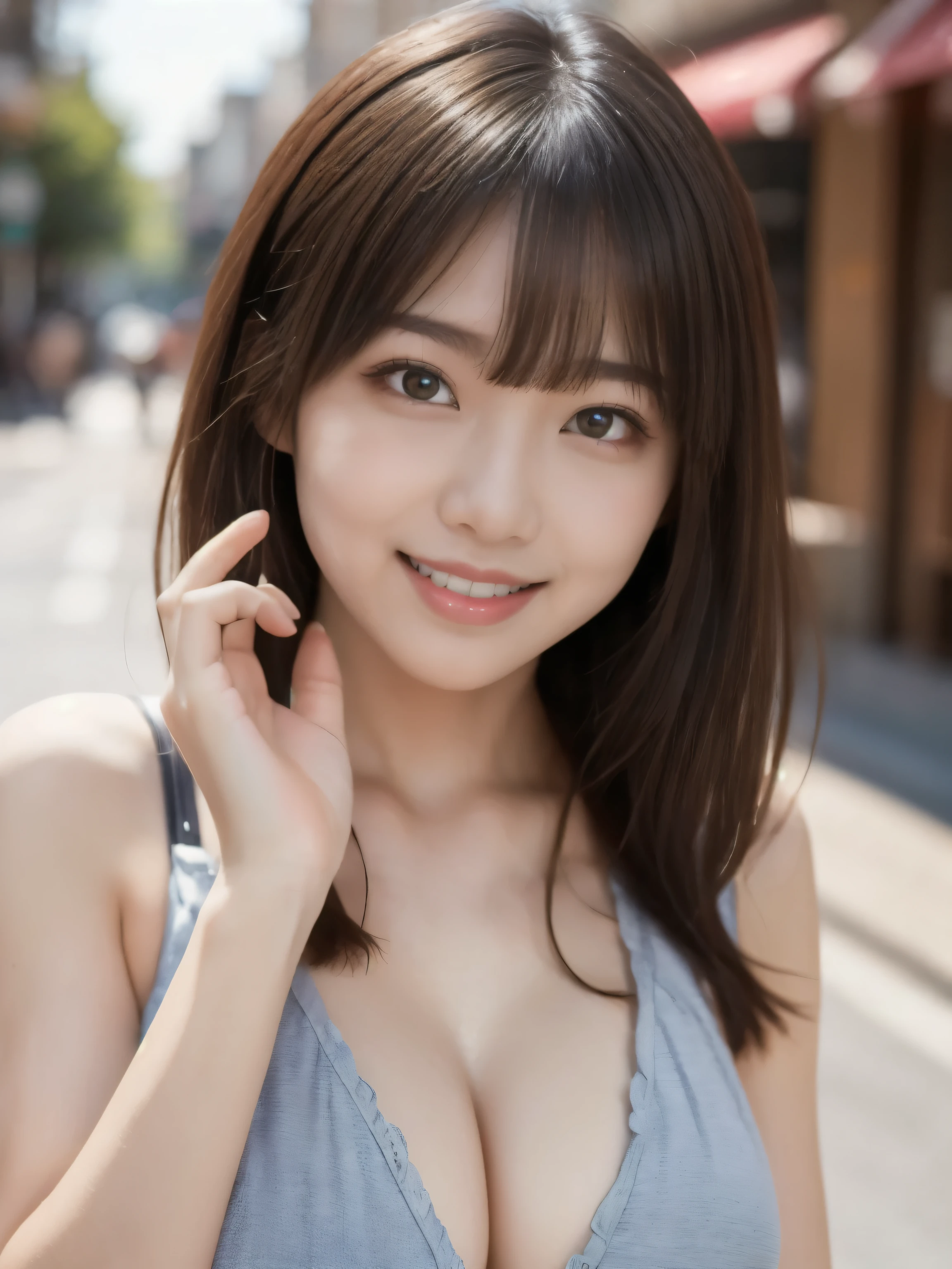 8k、Best Quality、Ultra Wide Angle Monofocal Lens 、(Representative Works:1.2)、( real)、( real:1.37)、One high school girl、Shake your hands with a big smile、 beautiful alignment of teeth、Well-formed fingers、Around town、( cute plain clothes)、Big Breasts、 Perfect Body 、Gravure photoshoot、Perfect Fingers、Beautiful Skin、Professional Lighting、Face and skin detail、Microparticles、 RAW Photos