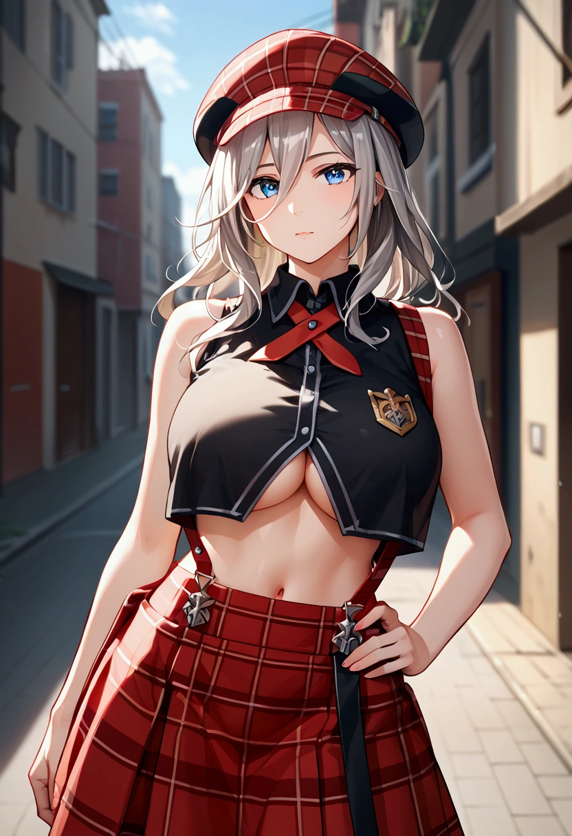 , (full eyes:1.1),  deep skin, glistening skin,cowboy shot  BREAK 1girl, alisa ilinichina amiella,alisa ilinichina amiella costume, solo,grey hair,long hair,blue eyes,large breast, under boob,OPEN CLOTHES:1.2 ,bare shoulders,black crop top,suspenders,red headwear,red plaid skirt, BREAK  fisheye, in alley at night sky,city,,dynamicangle,(Standing still with her hands resting on her hips),, bashful,Break, score_9, score_8_up, score_7_up,source_anime, perfect face, perfect composition, (Best Quality),(official art), 8K, Beautiful Face, Beautiful Eyes, Beautiful Skin, Detailed Hair, Shiny Hair, Beautiful Hair, Trending Hair, Perfect Anatomy, Perfect lighting,  (depth of field, blurry background),  cinematic anime composition, cinematic lighting:0.7),,  