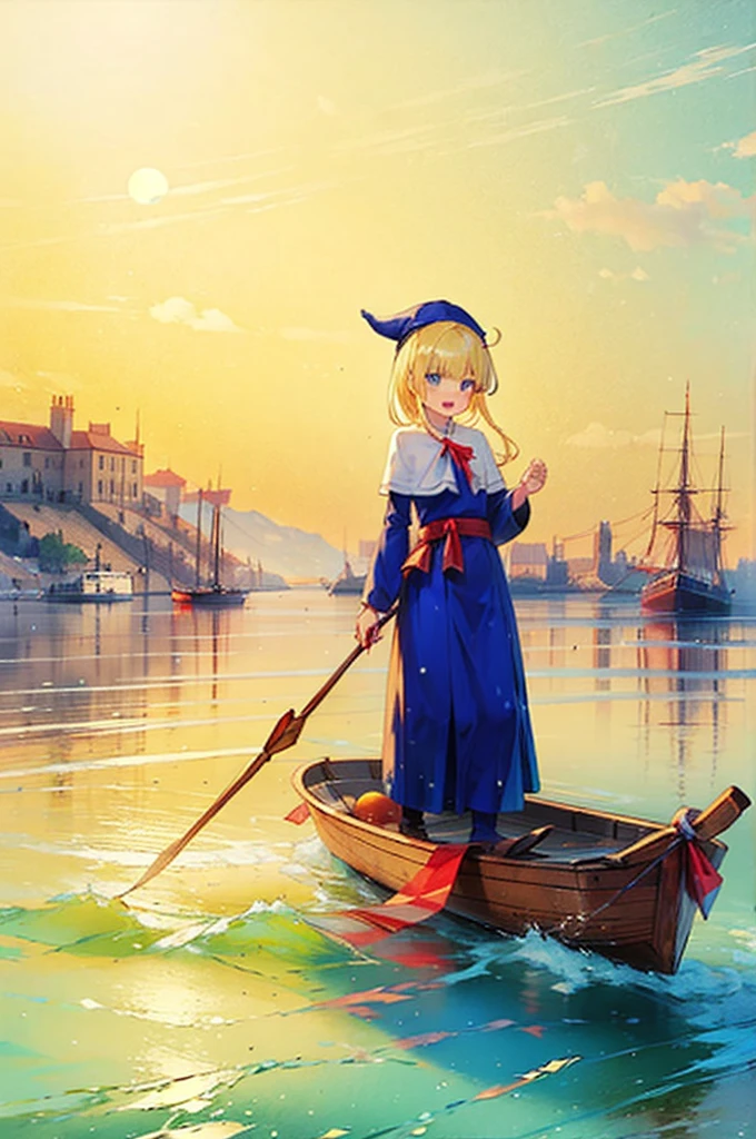 (8k,  super high quality, masterpiece:1.2),  Ultra High Definition , cute,  girl, solo, whole body, Puyo Puyo's witch, Blonde, Blue Eyes , blue headwear ,  blue based robe,  red ribbon,  White Capelet , Ahoge,  long skirt, sea, Rowing boat,  splash,  like a , Bright smile,  innocent face ,  open your mouth, soaked, whole bodyに水滴, 