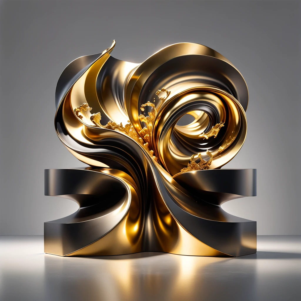 ,This image is a high-resolution CGI rendering of an abstract,metallic sculpture. The piece is composed of fluid,organic shapes that appear to be made of liquid gold,with a reflective surface that catches light and creates a dynamic,three-dimensional effect. The sculpture is characterized by smooth,flowing curves and sharp,jagged edges,giving it a sense of movement and tension. The gold color is rich and vibrant,adding a luxurious and modern aesthetic to the piece. The background is a clean,light gray,which contrasts sharply with the golden sculpture,making it the focal point of the image. The texture of the sculpture is smooth and polished,with a slight sheen that reflects light in different directions,creating a sense of depth and dimension. The overall style is contemporary and minimalist,with a focus on the interplay of light and shadow to enhance the three-dimensional quality of the piece. There are no other objects or people in the image,ensuring the viewer's full attention remains on the sculpture itself.,3D Gold texture,