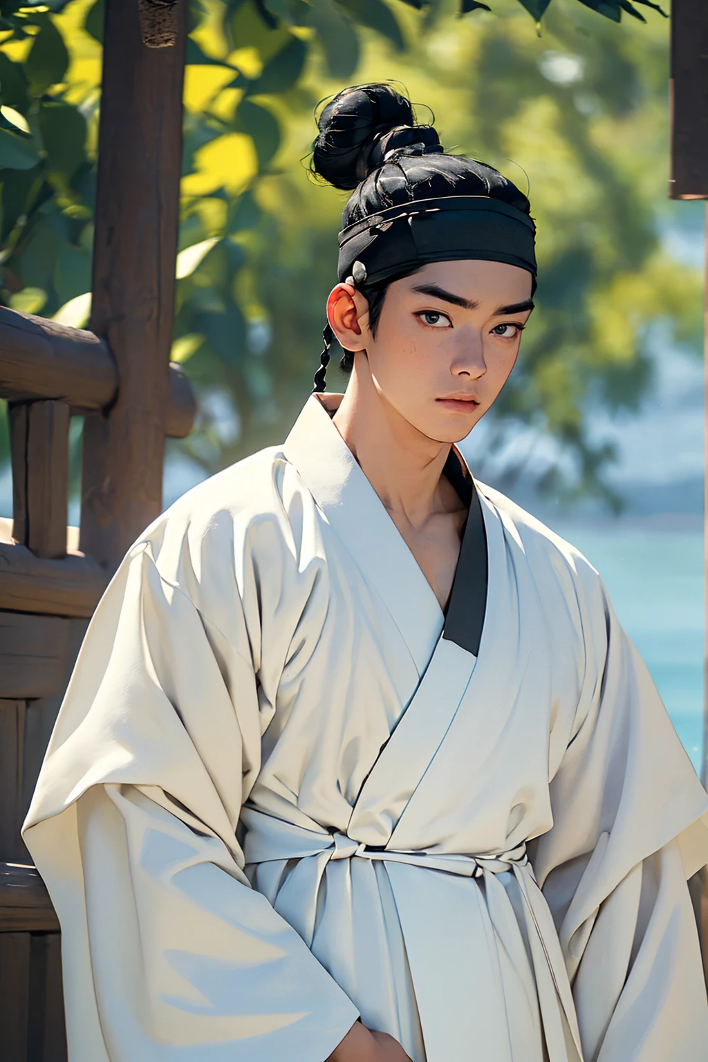 (absurdres, highres, masterpiece, best quality, ultra-realistic,ultra-detailed,(beautiful detailed face and eyes and hair:1.1),handsome,asian man,broad shoulder,muscular,black hair,black eyes,datailed face,topknot,see-through headband,white hanbok,little sad,upper body, sea background