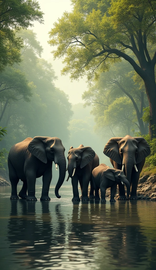 A family of elephants standing together at the edge of a river in a ...