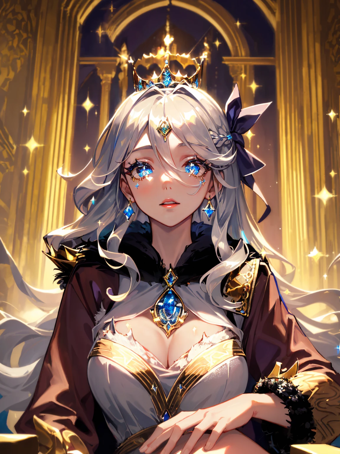 portrait, fantasy, vivid colors, dramatic lighting, intricate details, a detailed, beautiful woman, from below, extremely detailed eyes and face, beautiful detailed lips, long eyelashes, beautiful detailed skin, intricate jewelry, elegant dress, (fur coat:1.5), (sovereign:1.5), (crown:1.5), (tiara:1.5), award winning photo, high quality, 4k, absurdres, masterpiece, shiny, from the front, amazing, fine detail, highly detailed, solo, 1girl, beautiful detailed eyes, beautiful detailed lips, extremely detailed eyes and face, long eyelashes, (silver hair:1.5), (very long hair:1.5), (one big hair ribbon:1.5), (sparkles:1.5), (messy hair:1.5), (hair between eyes), (hair over one eye:1), (floating hair:1.3), mesmerising pink eyes, red lips, sharp eyelashes, (exposed leg), earrings, jewelry, babe, glossy skin, (sparkling fabric:1.5), (incrusted with jewels), posing inside a castle with an oriental architecture, (golden embroidery:1.2)