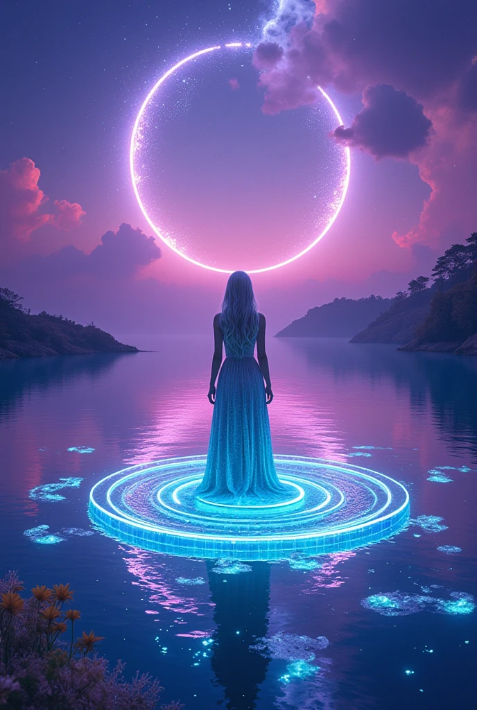 The scene takes place on a floating lake in a distant world, where gravity and time behave differently, and the sky is a surreal canvas of colors beyond earthly imagination. The girl stands in the heart of this alien lake, bathed in the otherworldly glow of twin moons that hang in the sky—one a deep violet, the other an intense amber, casting unearthly, soft light across the scene.

Details of the Scene:

Lighting & Sky:
The sky above is a cosmic swirl of colors—vibrant purples, deep blues, and swirling, neon pinks, as though the atmosphere itself is alive, constantly shifting. It's dotted with distant stars, but the ground beneath seems illuminated by ethereal, glowing energy that pulses gently, like the heartbeat of the universe. The twin moons above cast otherworldly shadows across the landscape, creating glowing rings of light on the water. The air glows faintly, filled with suspended particles of light, adding to the magical, almost unreal atmosphere.

The Water:
The lake is unlike any water seen on Earth. It isn’t simply clear—it’s crystalline, glowing with iridescent hues. The water itself seems to pulse with energy, shifting from deep sapphire to shimmering teal, as if the lake is alive. Strange bioluminescent plants grow beneath the surface, their roots glowing like stars, sending soft ripples across the still surface.

The lake is surrounded by floating islands, covered with soft, alien flora that drapes down like vines. The water occasionally moves in waves that defy gravity, spiraling upwards into the air before gently cascading back down into the lake.

The Girl:
She stands on a floating platform made of translucent crystal that hovers just above the lake. The platform is surrounded by swirling light patterns that seem to come from the very air around her, swirling in intricate, hypnotic patterns, like a cosmic dance.

The girl is ethereal, with long, flowing silver hair that seems to shimmer with stardust, reflecting the light of the moons. Her eyes ar