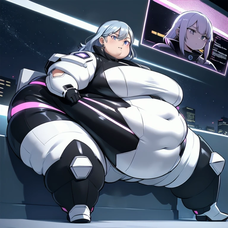 Woman in a futuristic suit,  high-definition face ,Gray Hair,  purple eyes, glowing eyes,mother, Extremely obese,( very big breasts), (Mature Woman),  with an adult-like face , ( mature women), Stealth Suit, , Cyber Suit,  is an anime girl in a tight suit, Gloves,  boots, science fiction, Elegant body,  earrings for a woman alone, Milfication, Female protagonist,  faces with a depth of writing ,  VOLUMETRIC LIGHTS,  detailed writing,  dynamic angle,  detailed texture, masterpiece, Better Eyes, Top quality eyes, constellation ,