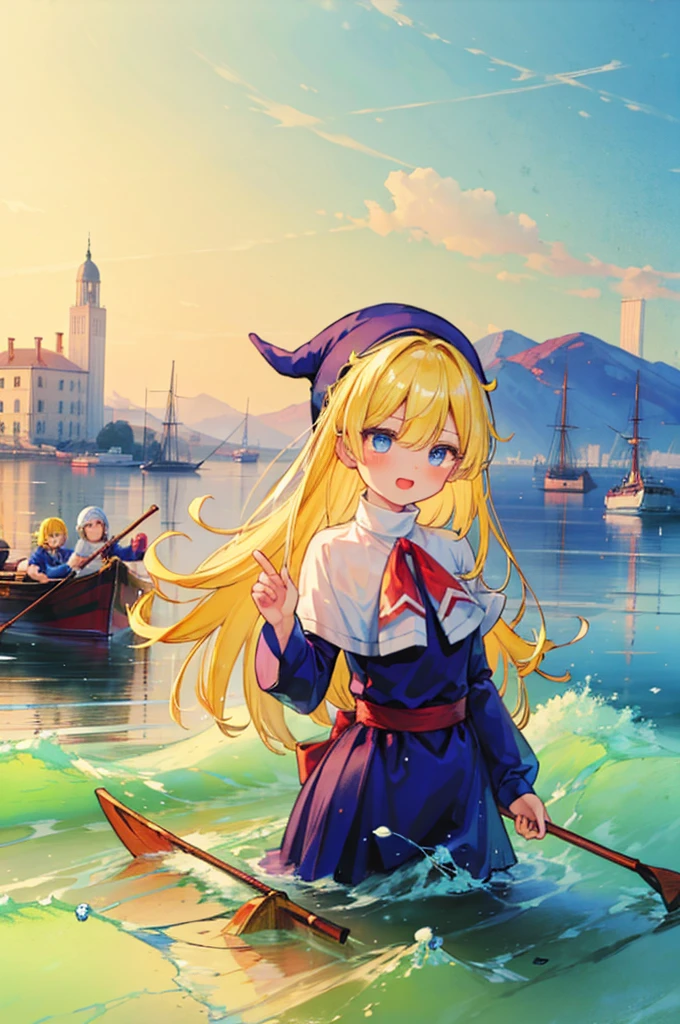 (8k,  super high quality, masterpiece:1.2),  Ultra High Definition , cute,  girl, solo, whole body, Puyo Puyo's witch, Blonde, Blue Eyes , blue headwear ,  blue based robe,  red ribbon,  White Capelet , Ahoge,  long skirt, sea, Rowing boat,  splash,  like a , Bright smile,  innocent face ,  open your mouth, soaked, whole bodyに水滴, 