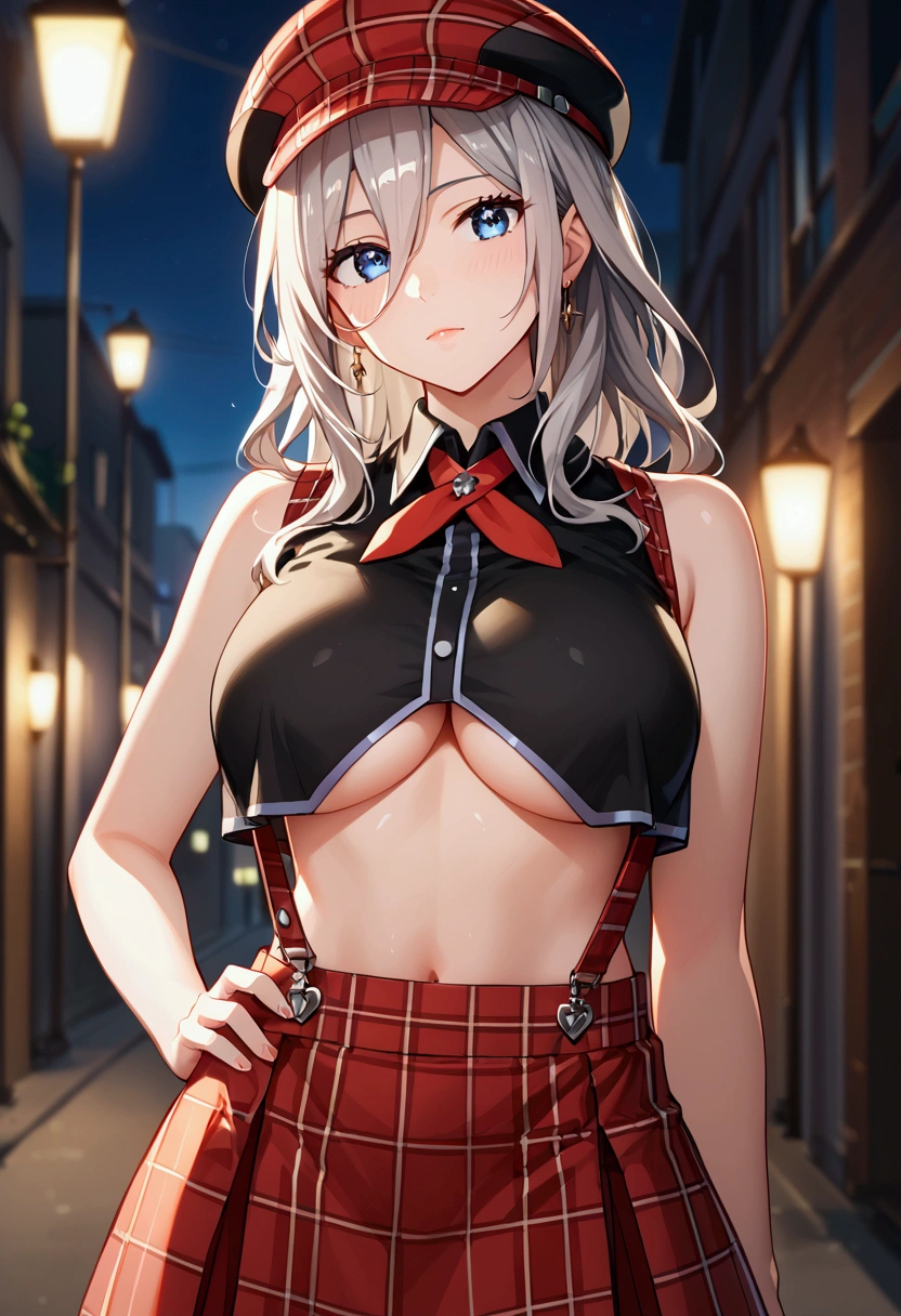 , (full eyes:1.1),  deep skin, glistening skin,cowboy shot  BREAK 1girl, alisa ilinichina amiella,alisa ilinichina amiella costume, solo,grey hair,long hair,blue eyes,large breast, under boob,OPEN CLOTHES:1.2 ,bare shoulders,black crop top,suspenders,red headwear,red plaid skirt, BREAK  fisheye, in alley at night sky,city,,dynamicangle,(Standing still with her hands resting on her hips),, bashful,Break, score_9, score_8_up, score_7_up,source_anime, perfect face, perfect composition, (Best Quality),(official art), 8K, Beautiful Face, Beautiful Eyes, Beautiful Skin, Detailed Hair, Shiny Hair, Beautiful Hair, Trending Hair, Perfect Anatomy, Perfect lighting,  (depth of field, blurry background),  cinematic anime composition, cinematic lighting:0.7),,  