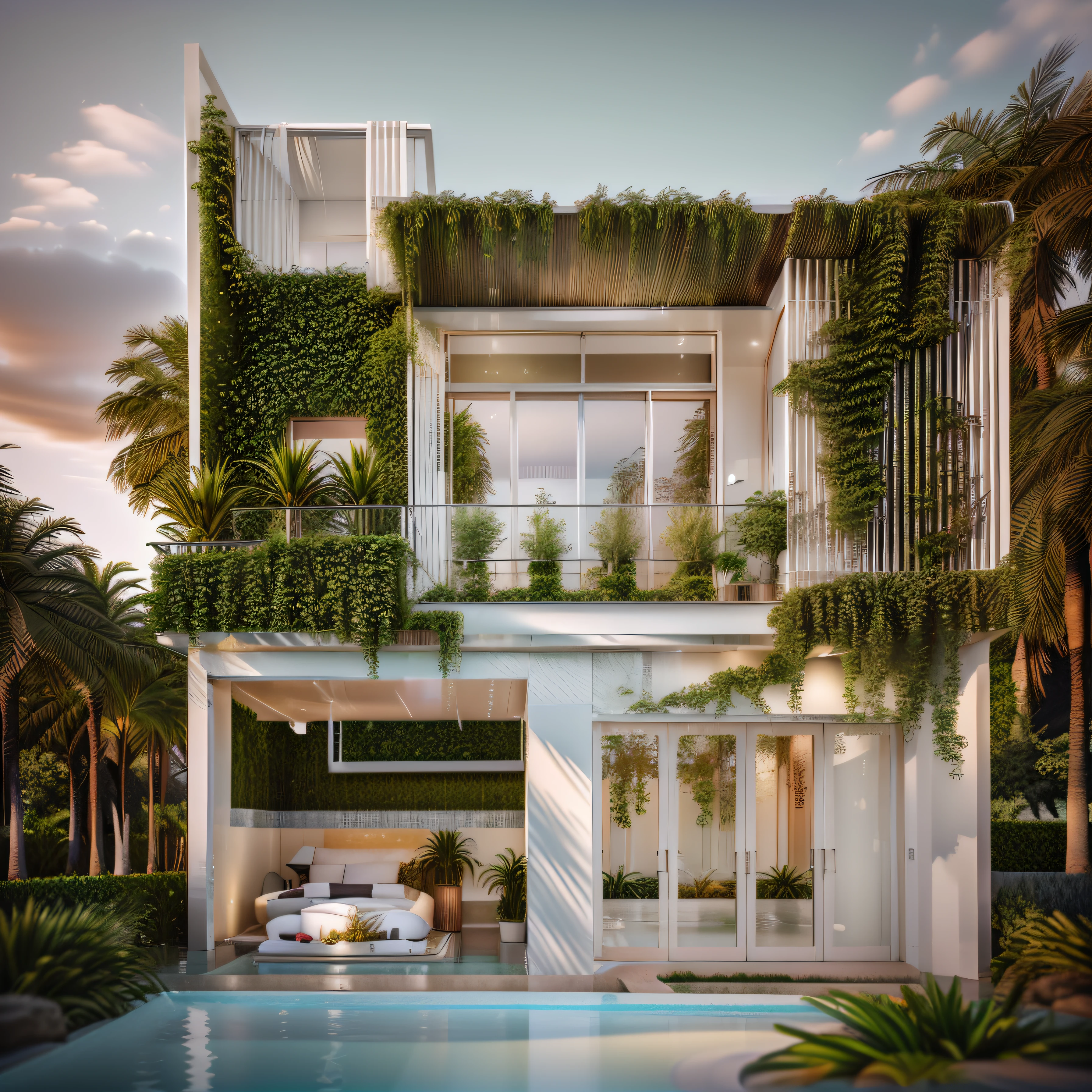 planter box on the roof, all white render, concept house, complete house, 3 d rendering, render 3 d, 3d rendering, 3 d finalrender, 3d finalrender, exterior design, 3d render, 3 d render, 3 drender, rendered in 3 dsmax, 3d final render, raw photo, a small pool with clear water, cloudy sky, garden landscape