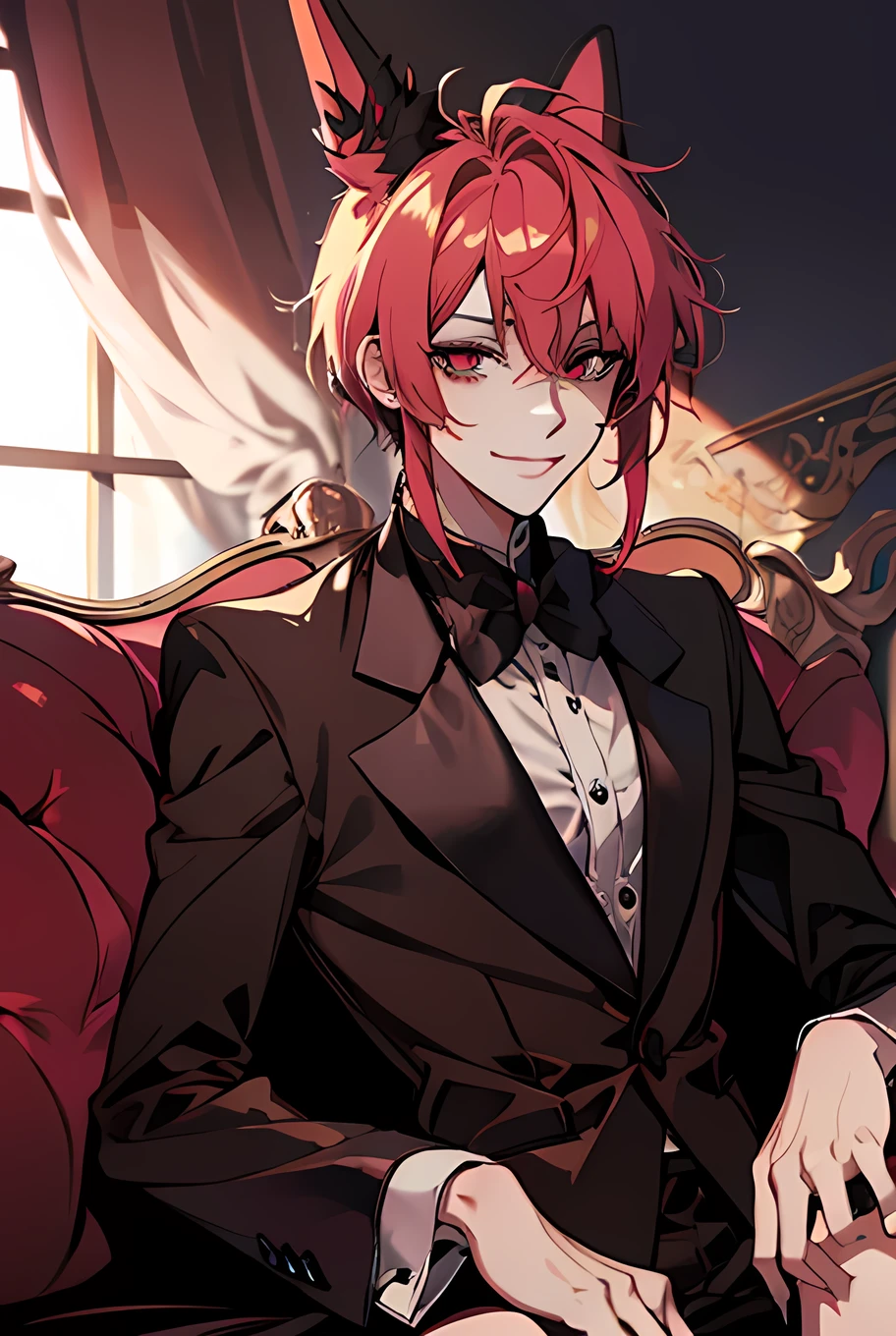 masterpiece, high quality, beautiful, 1 man, Alastor from Hazbin Hotel, dim light, sitting on the couch, listening to the radio, smiling softly, cozy