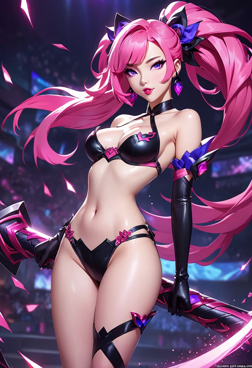 league of legends evelynn, evelynn kda skin, kpop, sexy, hentai, full body, sex, pink hair, exposed breasts, sakimi chan style
