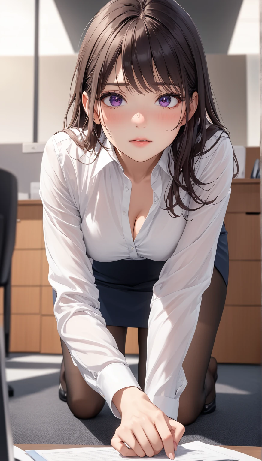 masterpiece, high resolution, beautiful woman, Japan Beauty, 30 years old, beautiful woman, (high resolution face), (high resolution eyes), medium breast, white shirt, pencil skirt, pantyhose, office, from behind, embarrassed, on all fours, doggystyle
