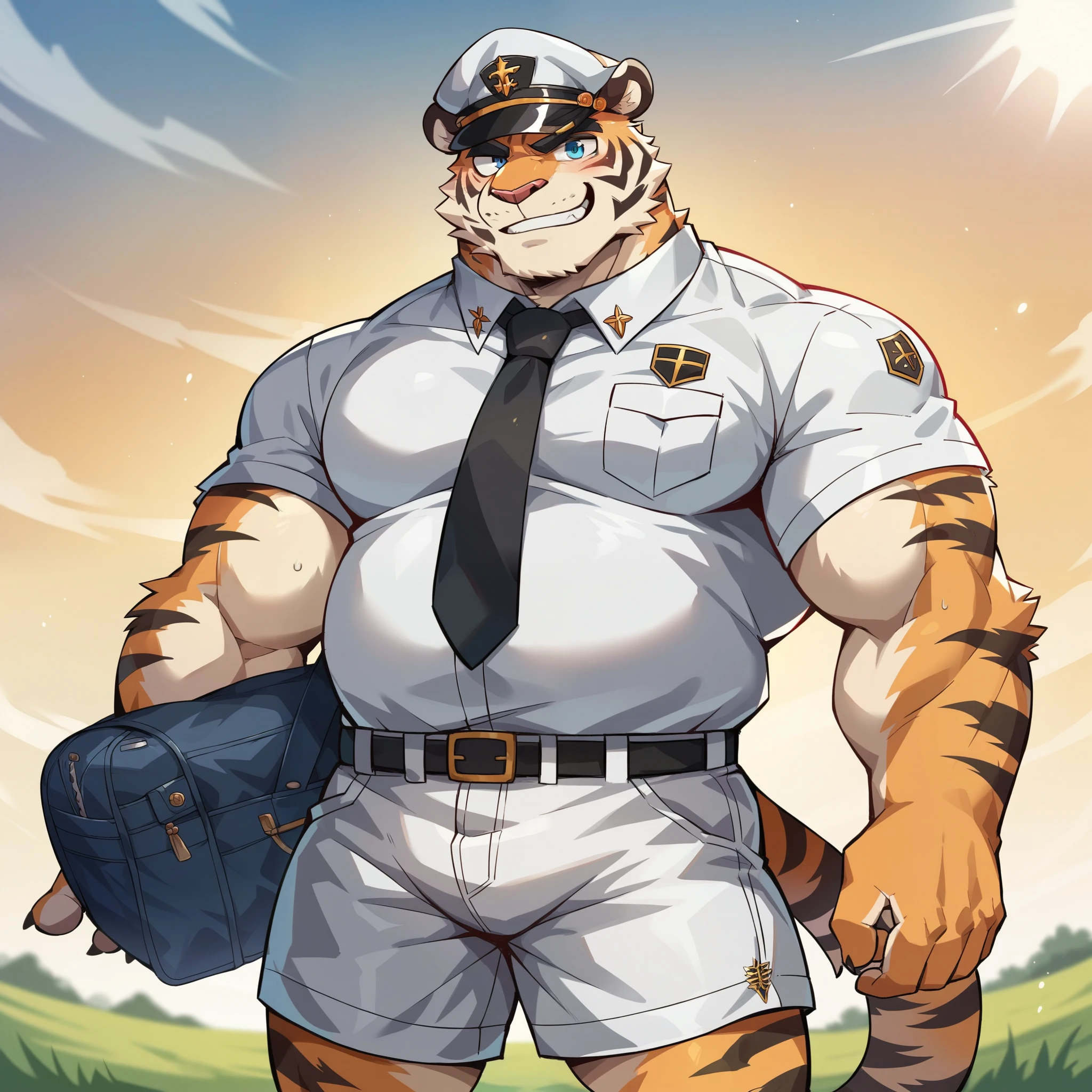 NJ5furry,tiger,solitary,Beast field,chubby, Thick arms,Strong muscles,Plush,Chubby face,Black eyebrows,Sky blue eyes,beard,smirk:1.1,School corridor,carrying a bag,(white school uniform, tie, shorts),Peaked Cap,Come over here,Sunlight,(sweat),by zixiong, Takemoto Arashi