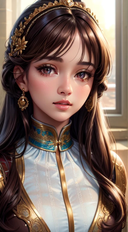 (Highest quality、8k、32K、masterpiece)、(Realistic)、(Realistic:1.2)、(High resolution)、Very detailed、Very beautiful face and eyes、1 person、Round and small face、Tight waist、Delicate body、(close、Highest quality、Attention to detail、Rich skin detail)、(Highest quality、8k、Oil paints:1.2)、Very detailed、(Realistic、Realistic:1.37)、Bright colors