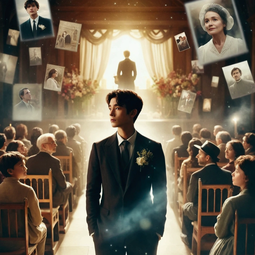 there is a man standing in a church with many pictures of people, dreamy atmosphere and drama, key art, movie promotional image, magical atmosphere + masterpiece, opening scene, [ theatrical ], highlight scene of the movie, award winning cinematic still, award winning movie still, history drama, infinite, biopic, official art, goblin, trailer, official poster, award winning. cinematic