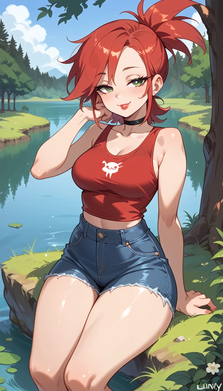 
frankie foster,  red hair, (Red tank top  +   very short and tight low waist denim shorts),   black leather choker  , lipstick, lean forward , exposed legs  , thick thighs ,   shiny and oily skin ,focus only,   half-closed eyes ,  smiling,   posing for Instagram  , na selva (A LAKE, trees, Earth,  sunny day )