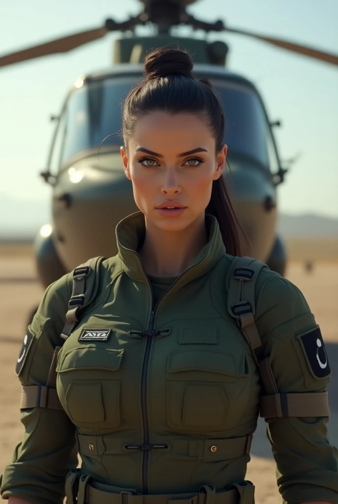 Arafed woman in military gear standing in front of a helicopter - SeaArt AI