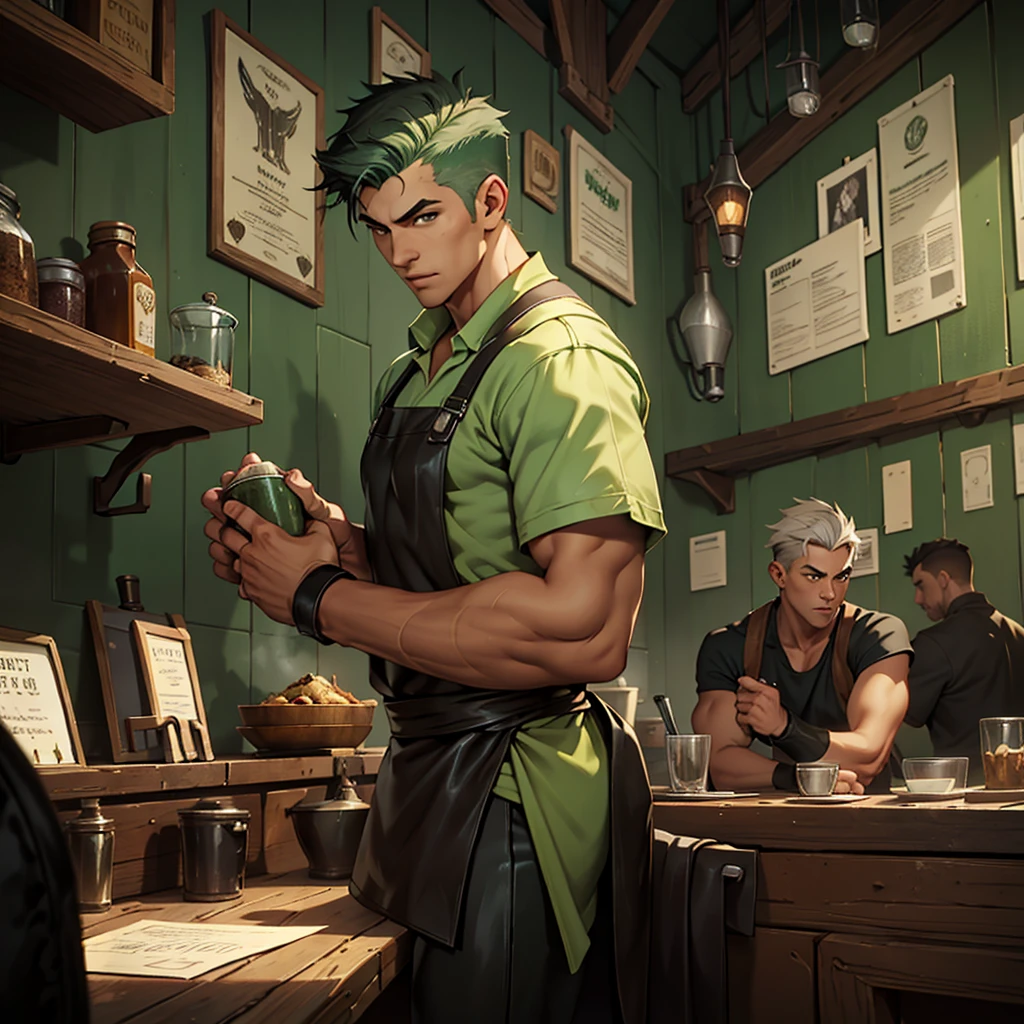 splash art of an eighteen year old man, very handsome square face, short mint green buzzcute style hair, slim athletic body, he is wearing a leather shirt and leather pants, he is wearing an apron, he is in a small restaurant, restaurant made of wood, gray cement walls, he is intervening as people