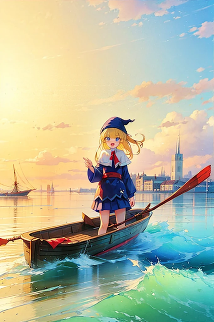 (8k,  super high quality, masterpiece:1.2),  Ultra High Definition , cute,  girl, solo, whole body, Puyo Puyo's witch, Blonde, Blue Eyes , blue headwear ,  blue based robe,  red ribbon,  White Capelet , Ahoge,  long skirt, sea, Rowing boat,  splash,  like a , Bright smile,  innocent face ,  open your mouth, soaked, whole bodyに水滴, 