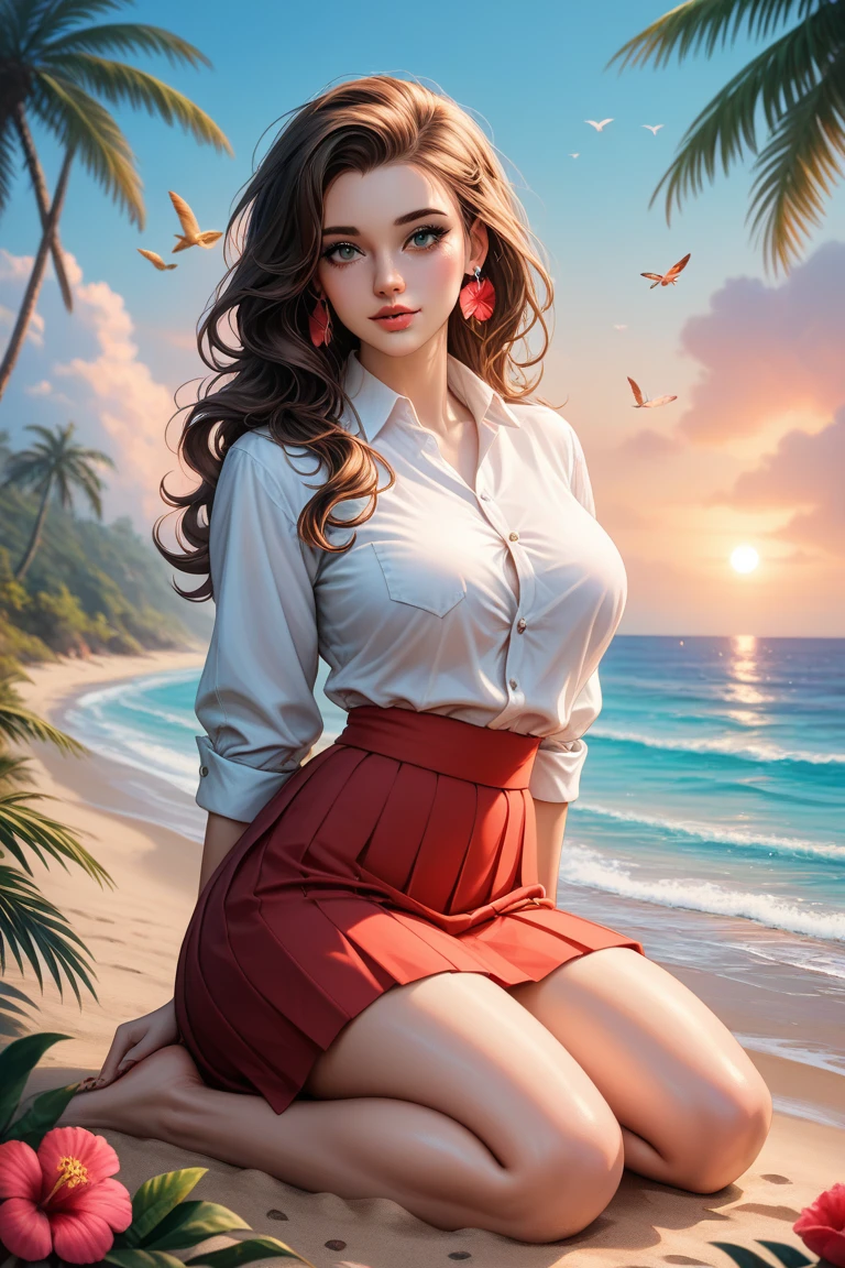 Create an ultra-high resolution image with photorealistic details, 8K quality, sharp focus, and impeccable lighting. Utilize advanced rendering techniques, ray tracing, and global illumination for maximum realism.

Depict a beautiful, voluptuous woman with full, natural, and soft curves; ample, gentle breasts; and rounded, feminine hips. She has very long, flowing brown hair that complements her warm, soft beige skin tone. Her features include soft rose lips and warm brown eyeshadow that enhance her inviting, romantic look. She smiles with a gentle warmth, exuding a joyful and fun-loving spirit. A vibrant hibiscus flower adorns her hair, and she wears small ruby stone earrings.

She is wearing an oversized white button-down shirt, tightly tied at the waist, with the shirt showing significant wear: frayed edges, faded fabric, small tears around the seams, and subtle dirt marks along the hem. The shirt is rugged and weathered, showing visible signs of the tropical environment. She pairs it with a loose, airy red skirt, which has also been worn and weathered, with frayed edges, faded patches, and small tears in the fabric. The skirt looks aged and rustic, reflecting the tropical conditions she is in. She is barefoot, sitting cross-legged with one hand resting gracefully on her knee.

The setting is a serene, deserted tropical island, framed by tall palm trees and a peaceful beach at dusk, with soft fog drifting in the background. Birds fly across the dim sky, butterflies hover nearby, and shells and starfish are scattered on the sand. Soft, warm sunset light creates a romantic atmosphere, with gentle reflections off the water and a foggy backdrop that adds depth. Diffused light subtly highlights her feminine curves, enhancing her natural allure.

Camera focus on her upper body, using a 35mm lens with a bokeh effect and Depth of Field.

**Negative Prompt**: 
Avoid any mismatch of clothing, hair, and body type. No blending or overlapping of outfits. Ensure each character