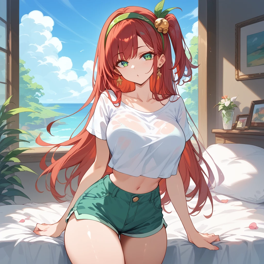 score_9, score_8_up, score_7_up, source_animation, Morning fragrance ,  red hair, (green eyes, one side up),,  green hair band , hair accessories,  Glossy skin, Long Hair, Short T Shorts Waist