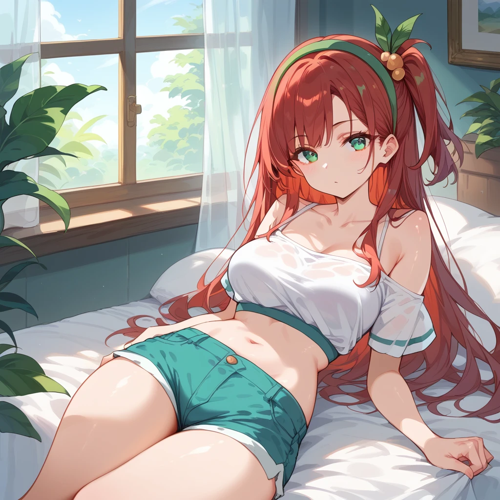 masterpiece, highest quality, Very detailed, 16k, Ultra-high resolution、One 10-year-old girl, Detailed face、Perfect Fingers, Red eyes, Red hair, Long Hair, White panties, White bra, Western-style room, futon, Lie on your back