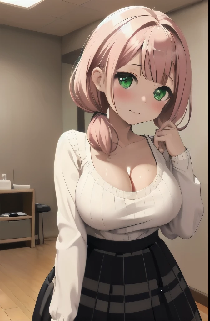 (nsfw),((masterpiece, Best Quality)), very detailed,　(( big breasts)),　Himari Uehara 、(green eyes), Front hair, busty, flowing sweat, narrow shoulder, (impossible sweater:1.05), see through, long sleeve, Check pattern_skirt, black_skirt, (skirt lift:1.3),(white pantie:1.3), showing off panties,, low twintail hair, pink_hair, Blushing, embarrassed、Slightly open eyes、 cleavage、Cafe、 lean forward、Full body images、Beautiful slim legs