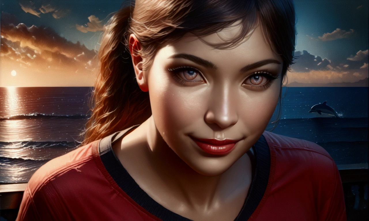 a beautiful young woman with long brown hair in a ponytail, wearing a t-shirt and dolphin shorts, standing in front of a fantastic night seascape, smiling, with bangs falling over her forehead, (best quality,4k,8k,highres,masterpiece:1.2),ultra-detailed,(realistic,photorealistic,photo-realistic:1.37),gorgeous detailed eyes,beautiful detailed lips,extremely detailed eyes and face,long eyelashes,intricate detail,cinematic lighting,vibrant colors,dramatic composition,serene ocean,glowing moonlight,stunning scenery