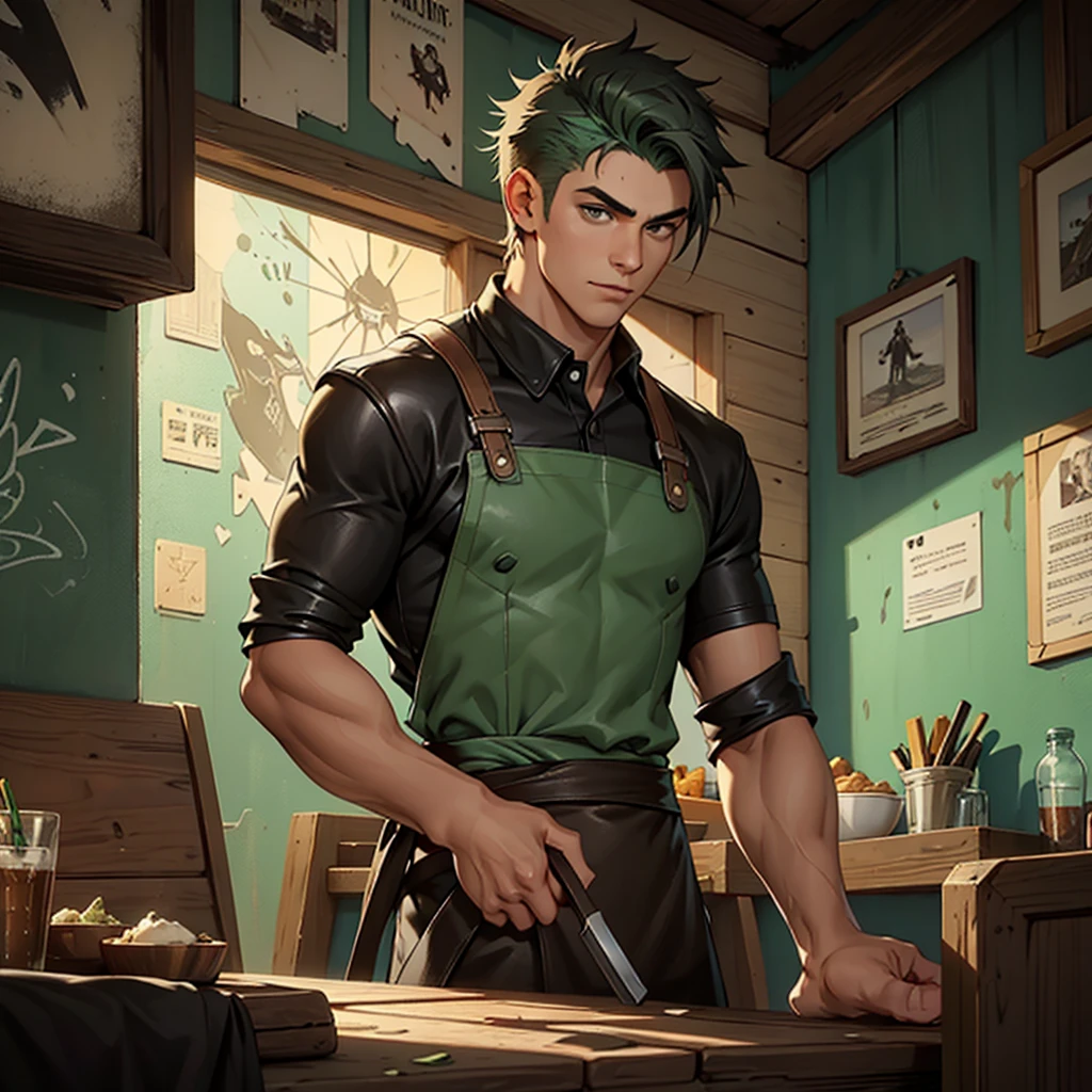 splash art of an eighteen year old man, very handsome square face, short mint green buzzcute style hair, slim athletic body, he is wearing a leather shirt and leather pants, he is wearing an apron, he is in a small restaurant, restaurant made of wood, gray cement walls, he is intervening as people