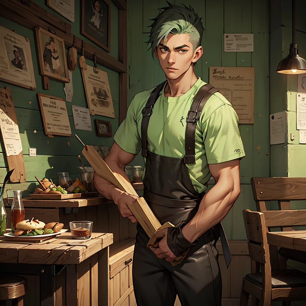 splash art of an eighteen year old man, very handsome square face, short mint green buzzcute style hair, slim athletic body, he is wearing a leather shirt and leather pants, he is wearing an apron, he is in a small restaurant, restaurant made of wood, gray cement walls, he is intervening as people