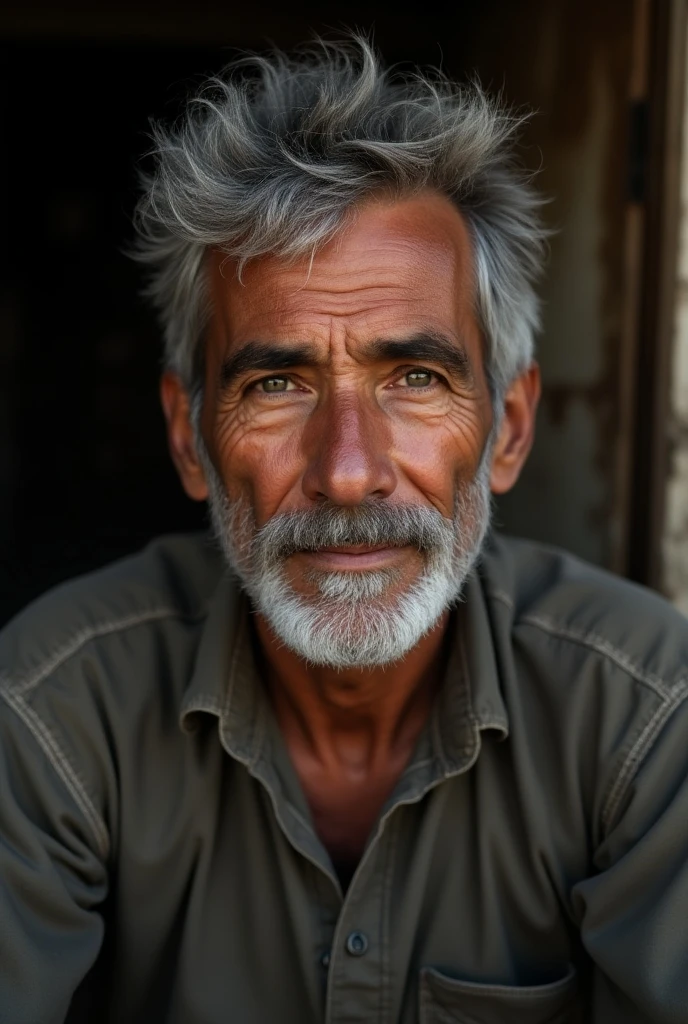 65 years old, tall and strong like a marathon runner, although the years he had spent cooped up in a room had made him accumulate excess pounds. He was wearing a poorly ironed light green dress shirt., hair was cut in military style. The expression lines above his lips indicated that he was a smoker and those around his eyes, who liked to laugh. Caucasian skin, high cheekbones, long and straight nose, square jaw and strong chin.  

create an image of the character above