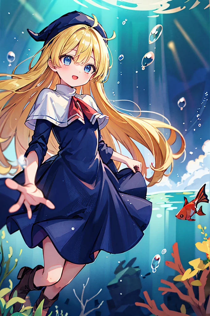 (8k,  super high quality, masterpiece:1.2),  Ultra High Definition ,  imaginary, cute,  girl, solo, whole body, Puyo Puyo's witch, Blonde, Blue Eyes , blue headwear ,  blue based robe,  red ribbon,  White Capelet , Ahoge,  long skirt, In the sea, Underwater theme , Undersea exploration, fish, star, Floating,  like a , Bright smile,  innocent face ,  open your mouth, bubble,  full light, Looks fun, float, 