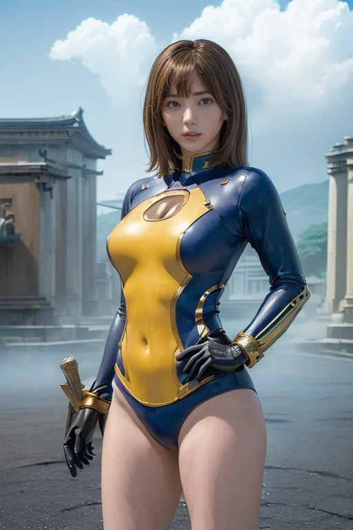 ( high resolution on down, masterpiece, Best Quality,  extremely detailed CG, Anime,  official art:1.4), masterpiece, Best Quality, sour, woman, Alone,  Superheroine Beautiful Body , Yellow and blue leotard,  wavy hair in front of the station,  big breasts at the temple,xCross