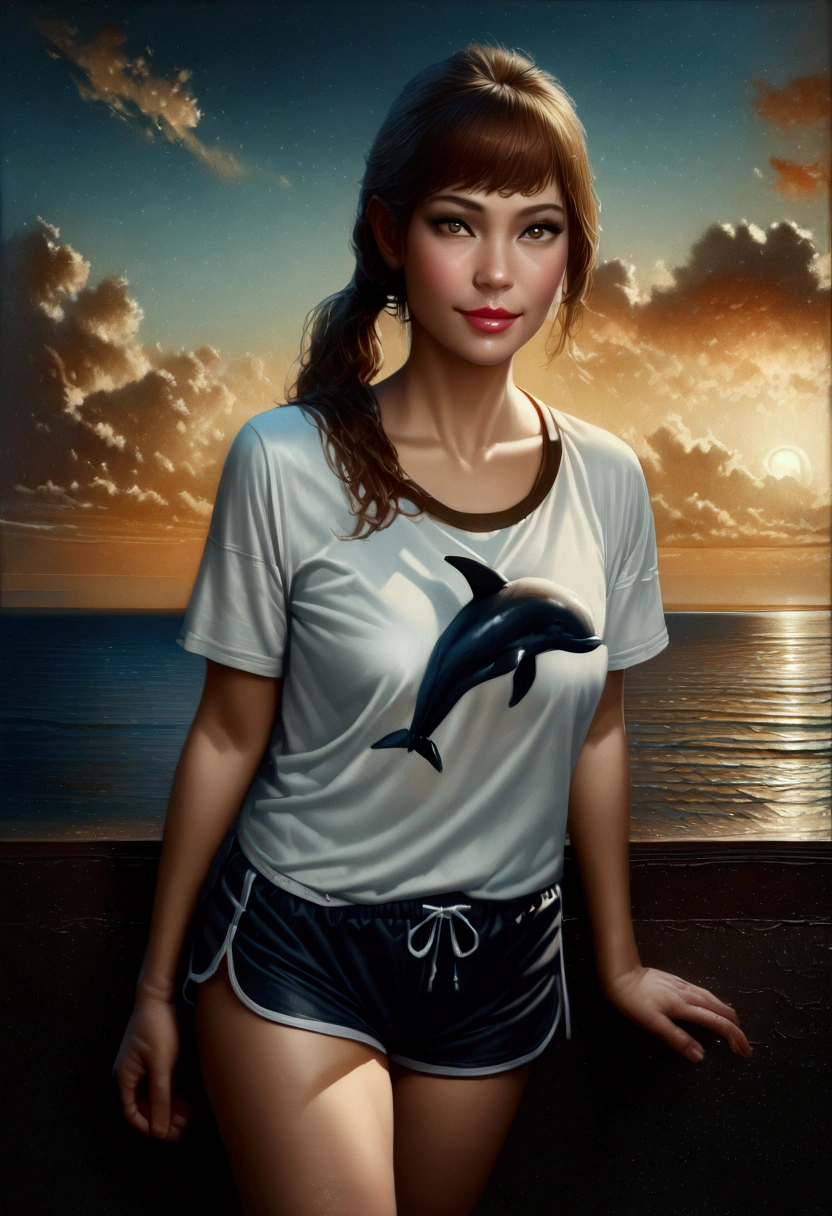 a beautiful young woman with long brown hair in a ponytail, wearing a t-shirt and dolphin shorts, standing in front of a fantastic night seascape, smiling, with bangs falling over her forehead, (best quality,4k,8k,highres,masterpiece:1.2),ultra-detailed,(realistic,photorealistic,photo-realistic:1.37),gorgeous detailed eyes,beautiful detailed lips,extremely detailed eyes and face,long eyelashes,intricate detail,cinematic lighting,vibrant colors,dramatic composition,serene ocean,glowing moonlight,stunning scenery