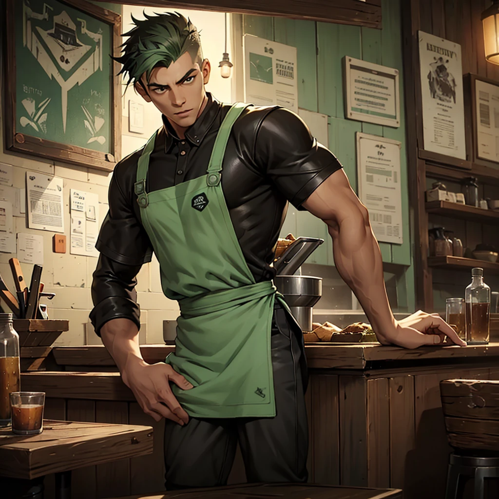 splash art of an eighteen year old man, very handsome square face, short mint green buzzcute style hair, slim athletic body, he is wearing a leather shirt and leather pants, he is wearing an apron, he is in a small restaurant, restaurant made of wood, gray cement walls, he is intervening as people