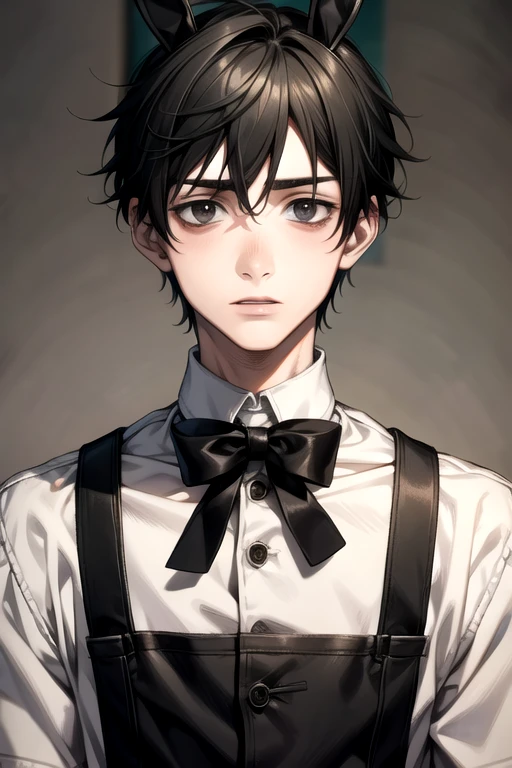 masterpiece, best quality, super detailed, floating, high resolution, 1 boy, bunny ears, gray eyes, black hair, short hair, detailed face, cafe, maid cafe, scared face