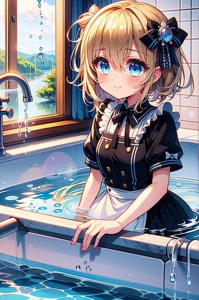 (4K,  super high quality, masterpiece:1.2),  Ultra High Definition , One person,  girl, cute, Blonde, Blue Eyes, Small breasts,  maid clothes,  black dress,  White Apron ,  white and black apron dress ,  Katyusha,  Blue Ribbon , Bathroom, Bathtub, Taking a bath, My clothes are still ,  soaked in water up to my chest, Submersion,  large amount of water droplets all over the body, Water drops on clothes too , soaked,  like a , Bright smile, Water drops dripping, 