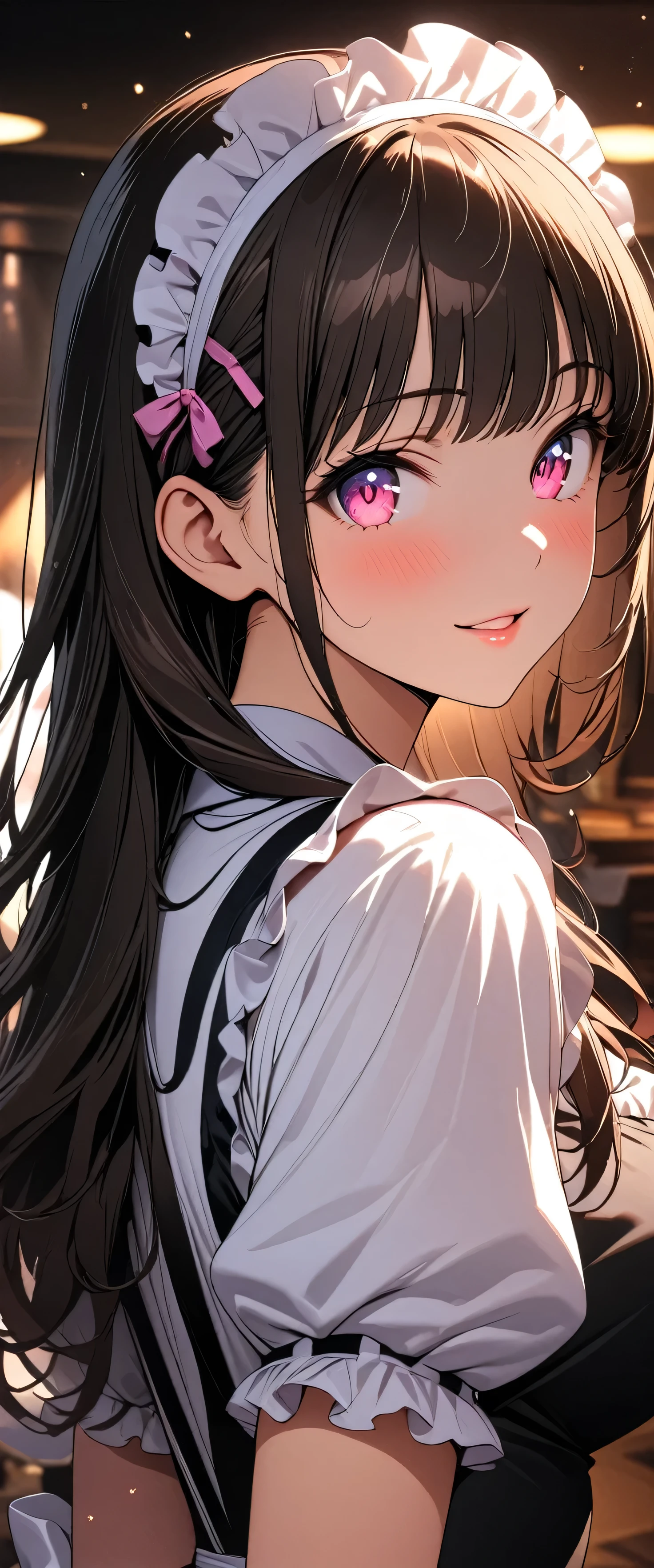 (((This is a photo of a male customer and his girlfriend together))),(beautiful girl:1.3),1girl,masterpiece,Highest quality,Ultra-high resolution,rich contrast,super high quality,8k,Highly detailed CG unit wallpaper,texture,Incredibly absurd,Ultra-high resolution,Highest quality anime,professional photograph,an extremely delicate and beautiful,RAW Photos,Depth of Field 1.2,ultra-detailed eyes,Glowing Skin,Beautiful glossy lips,Glitter effect,(Brown Hair, long hair),bashou \(Senran Kagura\),Maid Cafe,Maid uniform,happy,1boy,The male customer