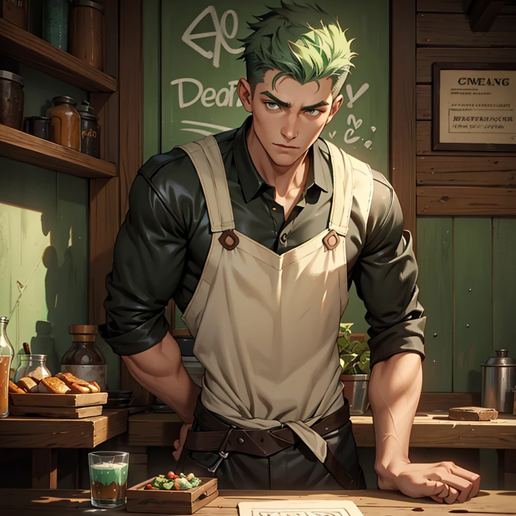 splash art of an eighteen year old man, very handsome square face, short mint green buzzcute style hair, slim athletic body, he is wearing a leather shirt and leather pants, he is wearing an apron, he is in a small restaurant, restaurant made of wood, gray cement walls, he is intervening as people