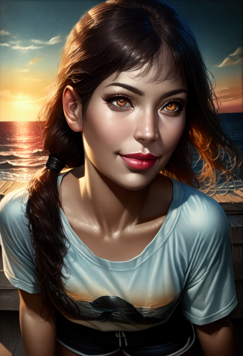 a beautiful young woman with long brown hair in a ponytail, wearing a t-shirt and dolphin shorts, standing in front of a fantastic night seascape, smiling, with bangs falling over her forehead, (best quality,4k,8k,highres,masterpiece:1.2),ultra-detailed,(realistic,photorealistic,photo-realistic:1.37),gorgeous detailed eyes,beautiful detailed lips,extremely detailed eyes and face,long eyelashes,intricate detail,cinematic lighting,vibrant colors,dramatic composition,serene ocean,glowing moonlight,stunning scenery