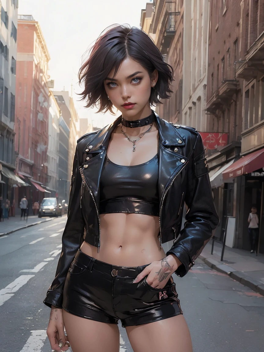 Short 18 year old girl, pale skin, skinny, babe face, black purple pixie undercut hair, slim face, thin chin, smile, wide hips, natural, ((masterpiece)), ((best quality)), HDR , UHD, 64K, (professional photograph), (hyper-realistic), ((expressive eyes)), (enigmatic eyes), intricate eyes, brown eyes, hazelnut eyes, oval face, perfect face, perfect face proportions, (Model Woman) BREAK Sky, trees,clouds, (grass:0.9), BREAK (Wearing leather Jacket), ((black jacket)), intricate jacket, BREAK (Cropped t-shirt), ((black cropped t-shirt)), intricate cropped t-shirt, ornate cropped t-shirt, logo of heavy metal band on the cropped t-shirt, BREAK (Short shorts), ((denim shorts)), daisy dukes, intricate shorts, BREAK (Cowboy shot), (front view), front facing, looking at viewers, walking, (walking to viewers), (city), (downtown), (western European city), Spring, ((scenery)), outdoor, day, studio lightning, sun rays, joyful, romantic atmosphere
