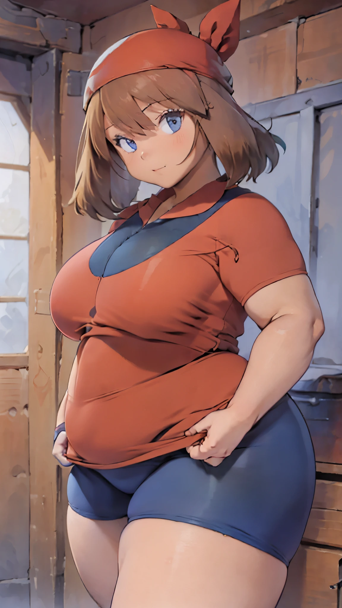  one girl wearing dark blue cycling shorts that go up to the thigh((  cowboy shot )),Brown Hair, blue eyes,short hair, chubby body,  enchanting looks  ,Wearing dark blue cycling shorts that go up to the thigh ,Brown Hair,Red Bandanaを頭に着けている,gloves,Blushed,Happy, THICK THIGS ,,Thick arms,wide abdomen,Wide waist,Red Bandana,Camel toe,Shine the light from the front,Bright room, lean forward,A girl wearing a short red shirt that sticks perfectly to her body , puffy nipples