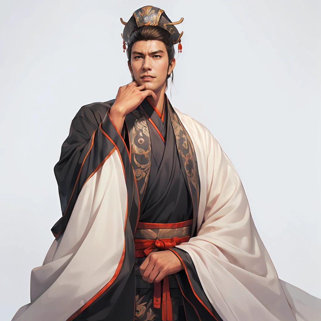 (4K,   Best Quality,  high resolution on down:1.1), (masterpiece:1.1),   One Man Touching a Beard , ( Ancient Chinese Civilian ), 40 years old, Dandy handsome,hermit,perfect eyes, slim face, beard,Long black hair, slim body:1.3, Confident, (plain black ancient Chinese costume,Ancient Chinese hat ),(looking away),(perfect Fingers,(((hand in own jaw:1.3))),((( cowboy shot :1.3))),wide view:1.2,from Above:1.2,(( white background:1.3,simple background:1.2))