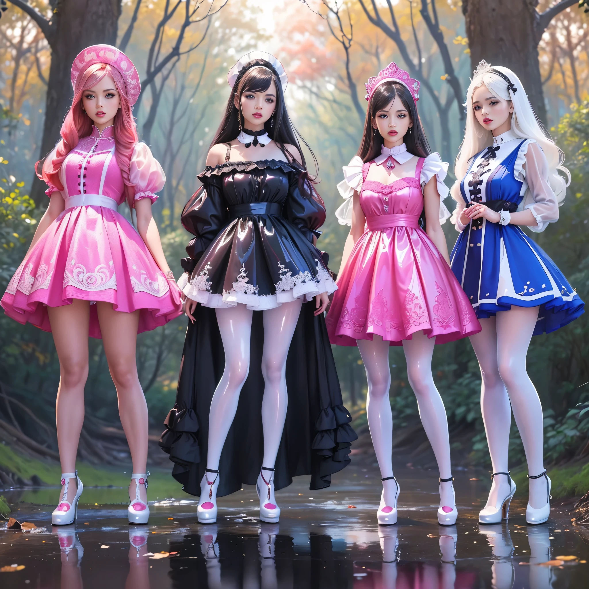 ((full body shot):1.5), a group of women, in elegant Classic ****ta Princess mini Dress,( minidress:1.1), ((Standing and posing by a forest lake)), Bimbo, ((JK Female Student style):1.3), (Muticolored:1.4), (Wear dresses of different colors:1.2),Mary Jane shoes , ornate and luxurious patterns and accessories, fashionable attire,( wearing colorfulpantyhose with Full of patterns), highly detailed full body shot, posed gracefully, stand in a row, Wear a Headwear, (mixed monochrome:1.1), (GLOSSY refection collection:1.3),loraavril , hyper realistic, 8k, dramatic lighting, cinematic, fashion editorial, vogue magazine cover, rich color palette, elegant, glamorous，