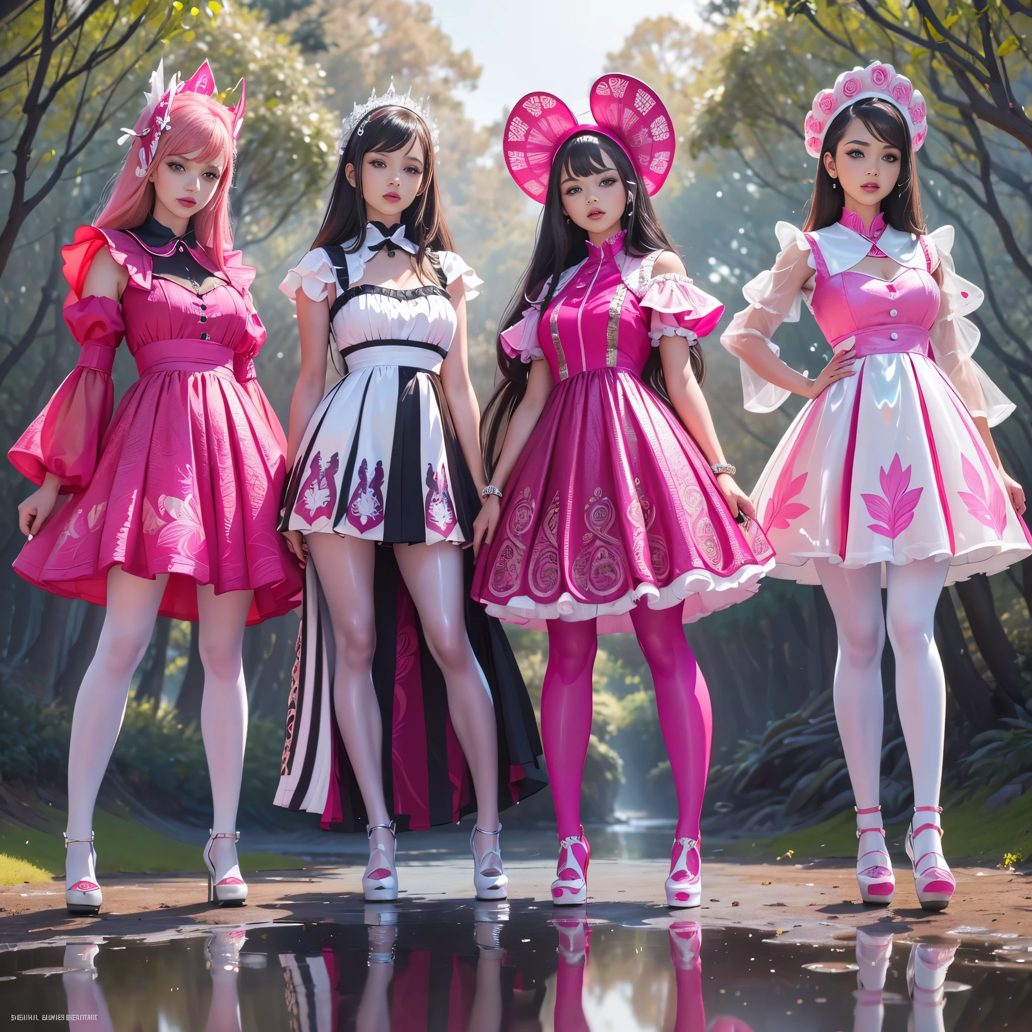 ((full body shot):1.5), a group of women, in elegant Classic ****ta Princess mini Dress,( minidress:1.1), ((Standing and posing by a forest lake)), Bimbo, ((JK Female Student style):1.3), (Muticolored:1.4), (Wear dresses of different colors:1.2),Mary Jane shoes , ornate and luxurious patterns and accessories, fashionable attire,( wearing colorfulpantyhose with Full of patterns), highly detailed full body shot, posed gracefully, stand in a row, Wear a Headwear, (mixed monochrome:1.1), (GLOSSY refection collection:1.3),loraavril , hyper realistic, 8k, dramatic lighting, cinematic, fashion editorial, vogue magazine cover, rich color palette, elegant, glamorous，