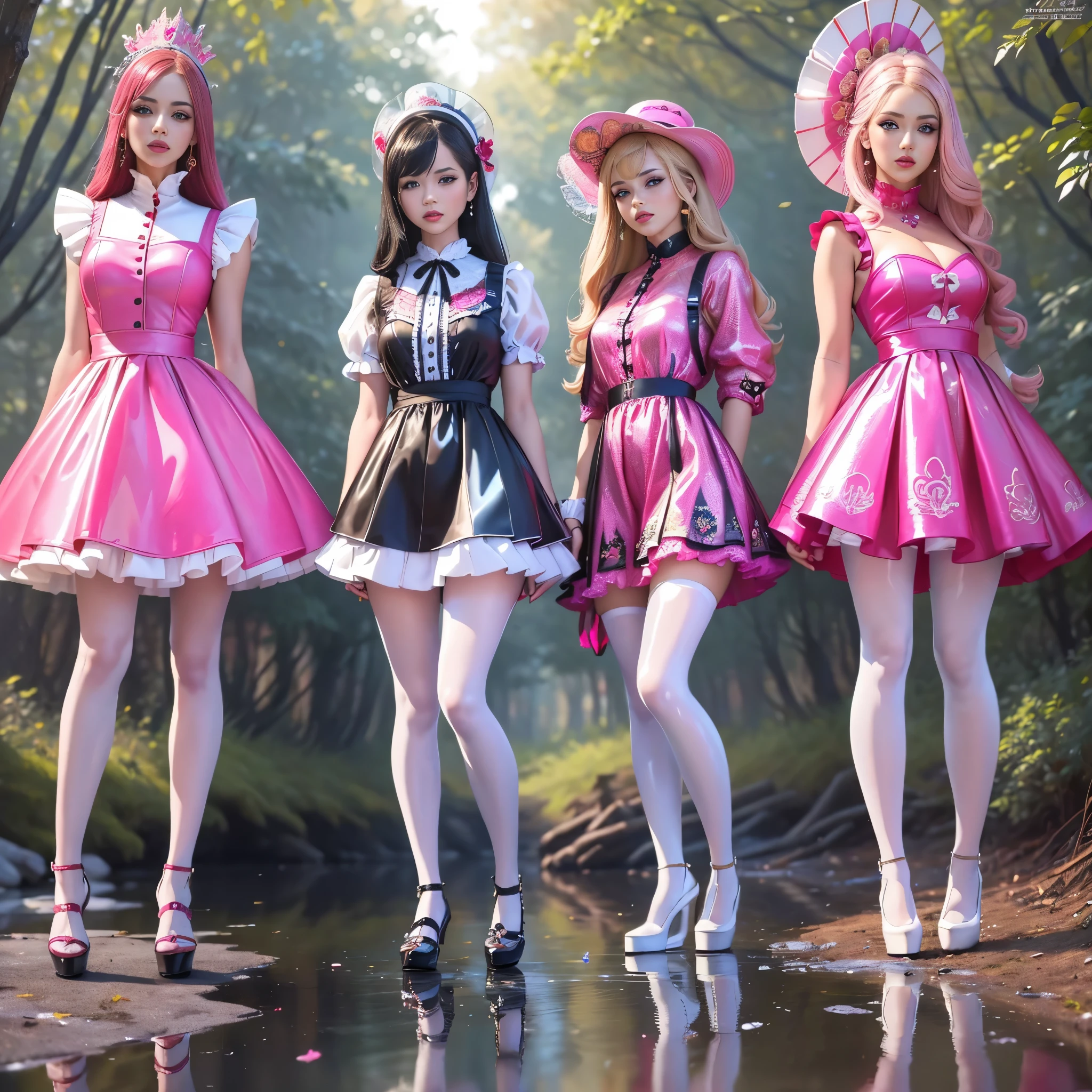 ((full body shot):1.5), a group of women, in elegant Classic Lolita Princess mini Dress,( minidress:1.1), ((Standing and posing by a forest lake)), Bimbo, ((JK Female Student style):1.3), (Muticolored:1.4), (Wear dresses of different colors:1.2),Mary Jane shoes , ornate and luxurious patterns and accessories, fashionable attire,( wearing colorfulpantyhose with Full of patterns), highly detailed full body shot, posed gracefully, stand in a row, Wear a Headwear, (mixed monochrome:1.1), (GLOSSY refection collection:1.3),loraavril , hyper realistic, 8k, dramatic lighting, cinematic, fashion editorial, vogue magazine cover, rich color palette, elegant, glamorous，